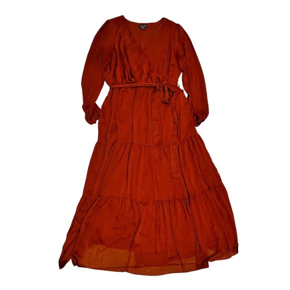 City Chic Womens Maxi Dress M/18 Rust Long Sleeve Tie Tiered Belted Fall - Picture 1 of 9